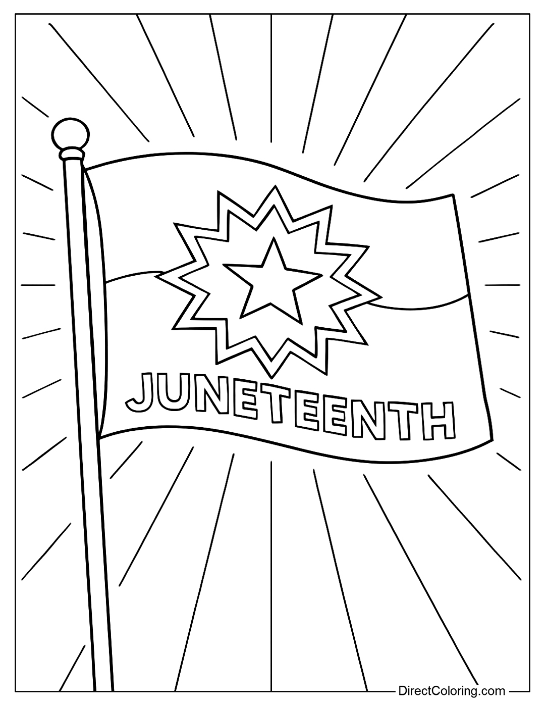 Juneteenth Flag Coloring Page Blowing in the Wind, with a Shining Star in the Center